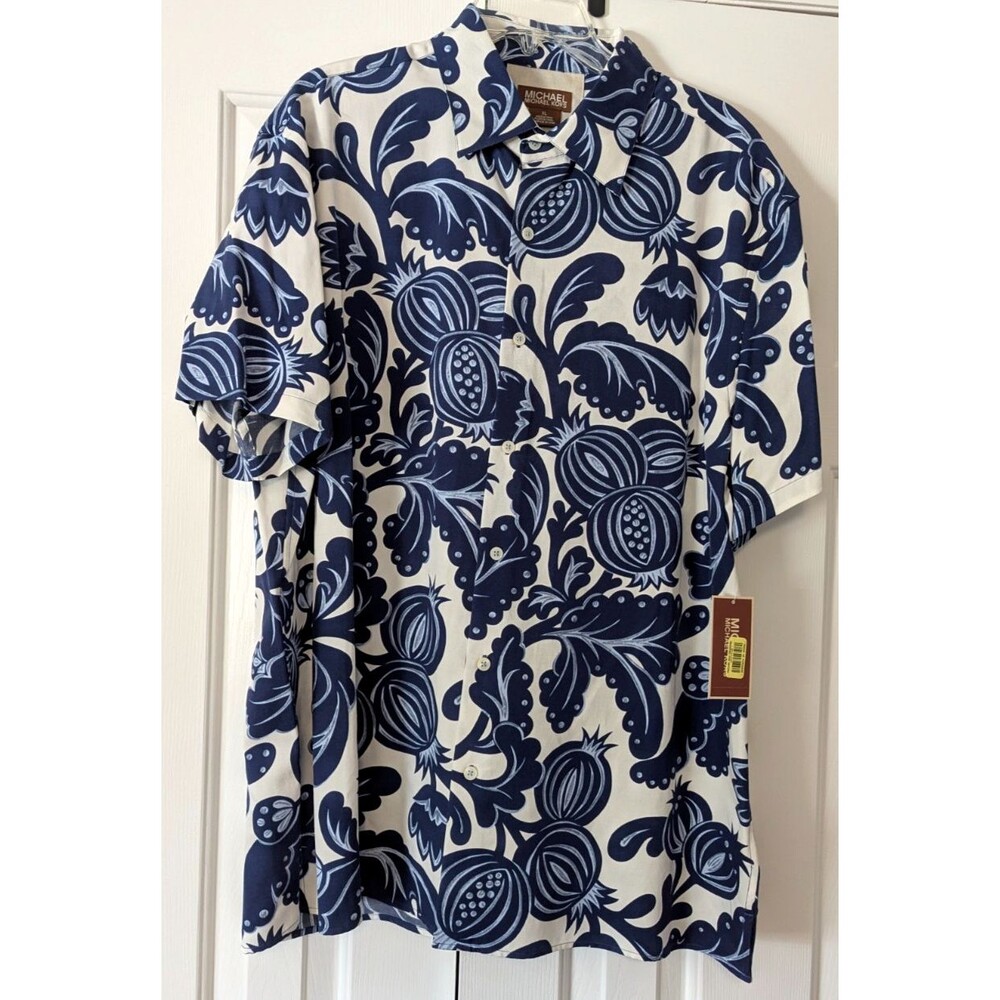 Vintage Michael Kors Short Sleeve Shirt Mens XL Silk/Cotton Navy & White NWT